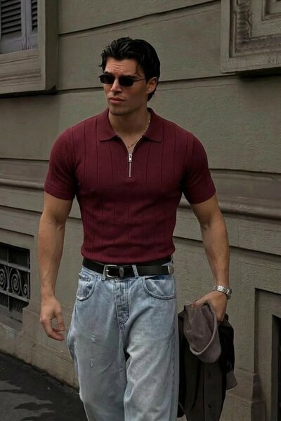 Maccali Men's Summer Short Sleeve Casual Striped Claret Red Polo Knitwear t S...