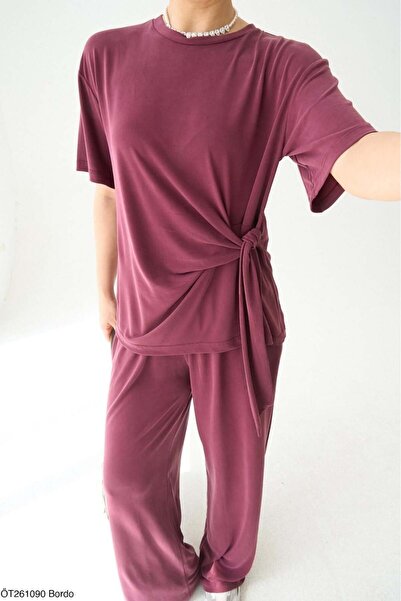 Qu Style Modal Suit with Front Tie Detail in Burgundy
