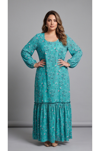 gökçesu Women's Plus Size Long Sleeve Lined Flowy Flounce Maxi Long Chiffon D...