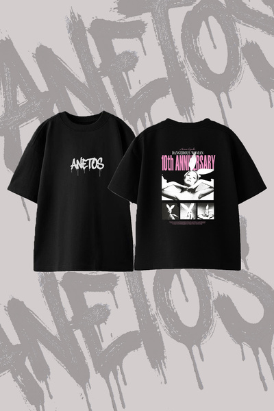 Anetos Ariana Grande Bunny_1 Design Back Printed Cotton Black Oversize T-Shirt