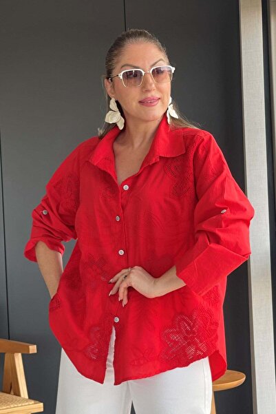 MİSLİNA BUTİK İthal Manolya Desen Kırmızı Gömlek