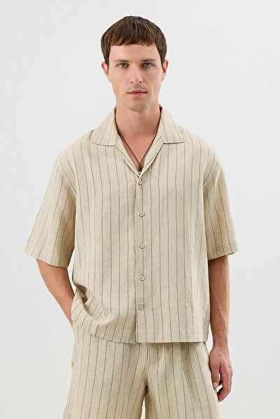 Antioch Natur Linen Blend Striped Relax Fit Men's Short Sleeve Shirt