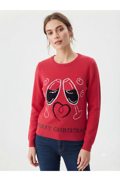 Neden Tekstil Women's Red Knitwear Merry Christmas Patterned Sweater