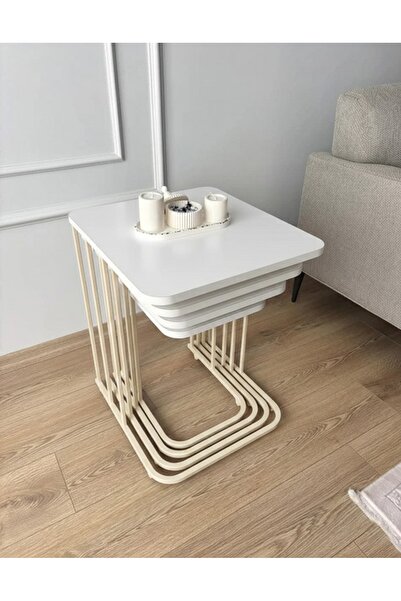 Zigon 4LÜ TEKERLEKLİ KREM METAL BEYAZ TABLA YAN SEHPA SEHPA ORTA SEHPA mdf