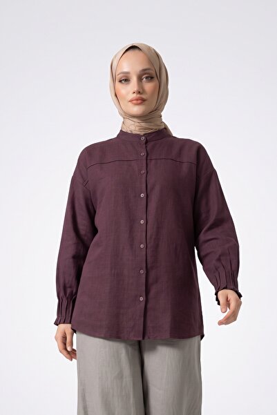Lunfia Drapeli Oval Kesim Kol Manşetli Gömlek - Mürdüm