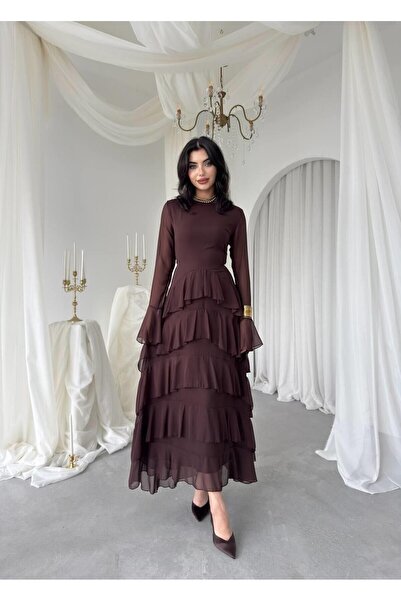 Nils Boutique Katlı Şifon Detaylı Uzun Abiye Elbise