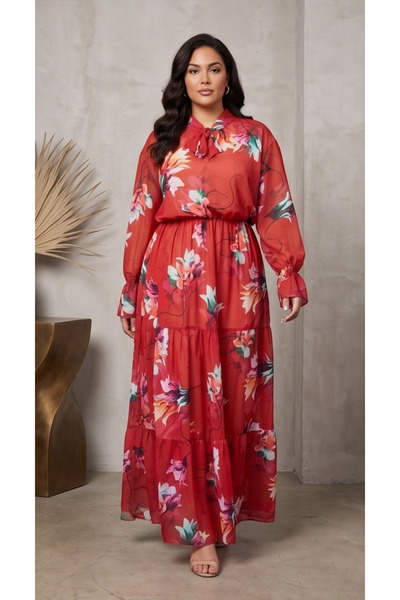 gökçesu Women's Plus Size Long Sleeve Lined Flowy Flounce Maxi Long Chiffon D...