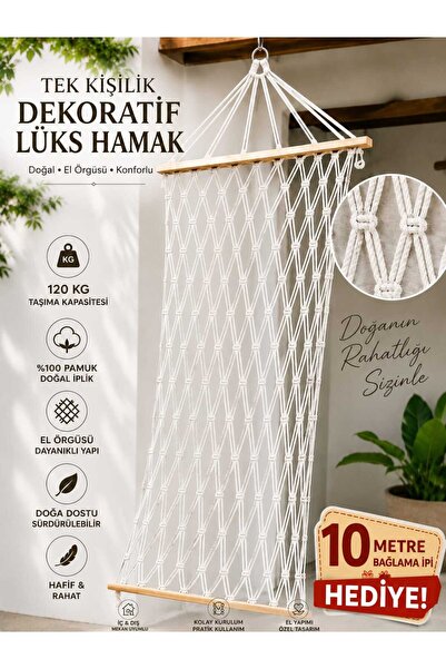 ASG Pamuk İp El Örgü (Double Braid ) Örgülü Tek Kişilik Lüks Hamak – 10 metre...