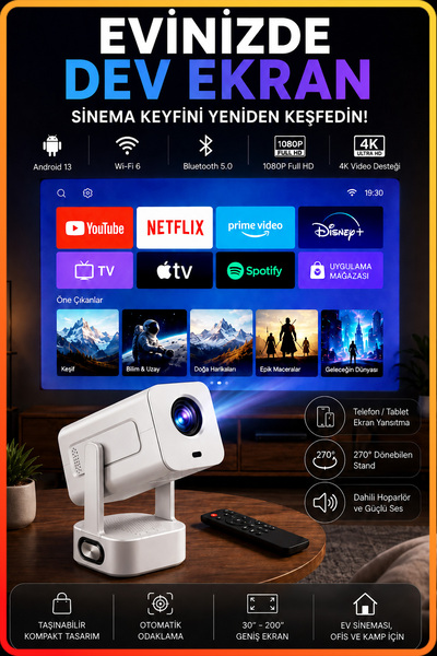 Telvesse 4K Bass Hoparlörlü Taşınabilir WİFİ Bluetooth Android Projeksiyon Ci...