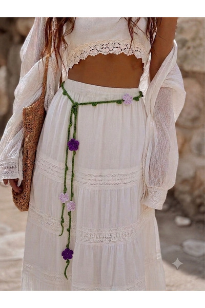 HENERA Bohemian Hand-Knitted Floral Waist Belt – Adjustable Green Waist Acces...