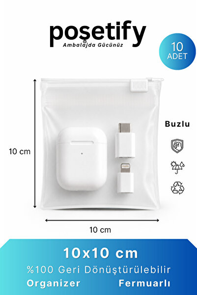 POŞETİFY Fermuarlı Organizer 10x10 Cm | 10 Adet | Buzlu Şeffaf Takı, Teknoloj...