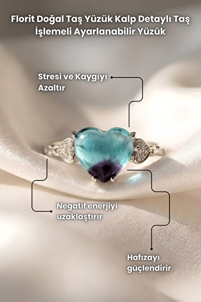 Elifsu Jewelry Fluorite Natural Stone Ring Heart Detailed Stone Embellished A...