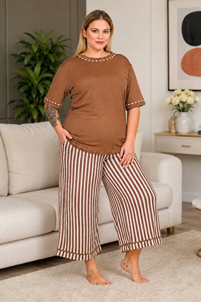 tarzımsüper Plus Size Elastic Waist Comfort Model Viscose Cotton Women's Capr...