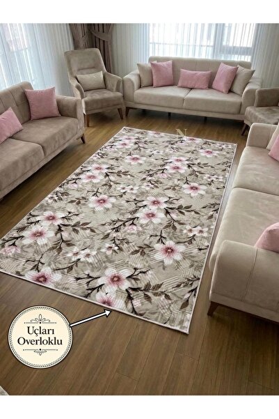 NaRStore Home Krem Pembe Çiçekli Kabartmalı Yıkanabilir Kaymaz Taban Kesme Yo...