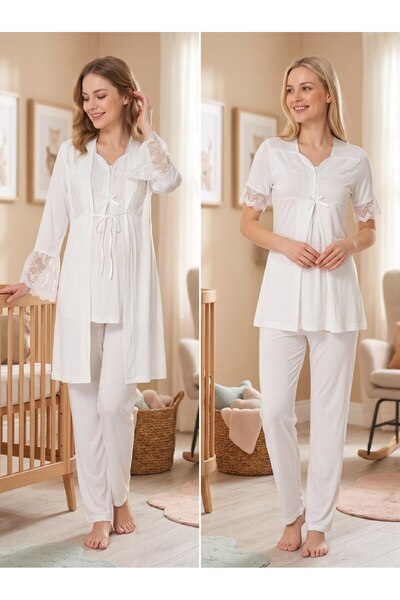 Lohusa Homewear New Season Ecru Stylish Lace Detailed Design with Breastfeedi...