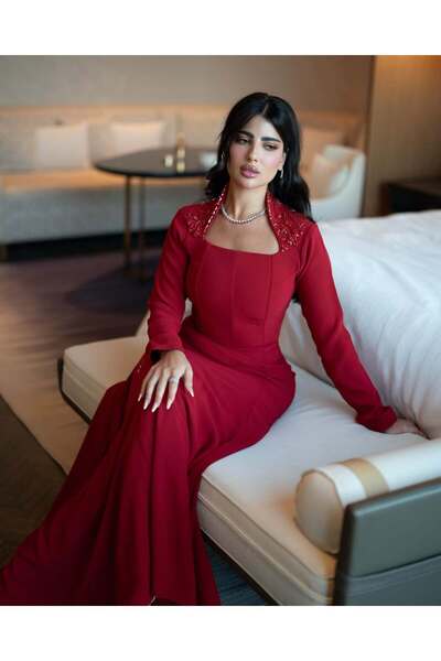 Ayaen Red Long Dress with Full Sleeves and a Collar with Sparkling Rhinestones.