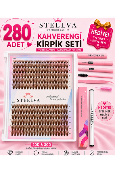 Kahverengi Takma Kirpik Seti 280”Li Yapıştırıcı Sabitleyici Fırça Cımbız ve Eyelinerla