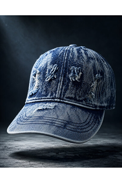 MYZİ STORE Unisex Vintage Washed Blue Denim Hat with Ripped Detail Adjustable...