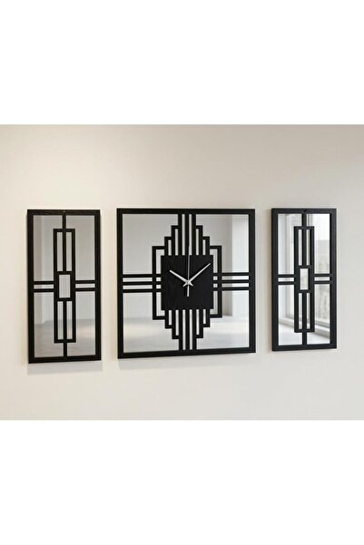ERGEÇ TASARIM Hattuşa Decorative Mirrored Black Wooden Wall Clock and Panel S...