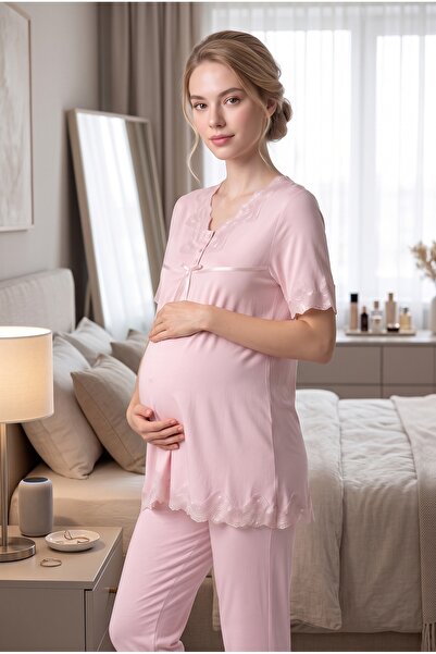 Pelin Women's Powder Lace New Season 2-Piece Maternity Pajama Set with Breast...