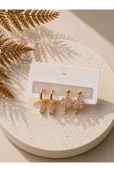 Çi & Sİ Luxury Accessory Pembe Baget Taşlı Halka ve Pembe Yonca Figürlü Küpe ...