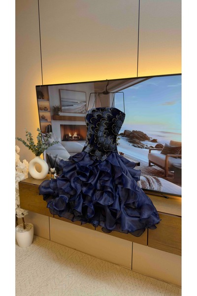 To Be Navy Blue Velvet Bodice with Beading and Organza Skirt Evening Gown