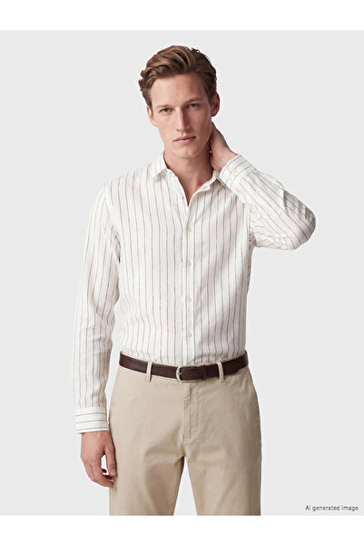 LC Waikiki Vizyon New Season White Regular Fit Striped 100% Linen Men's Shirt