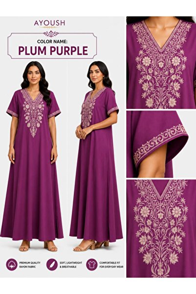 AYOUSH Women's Long Embroidered Robe, Soft and Light Meray Cotton, Comfortabl...
