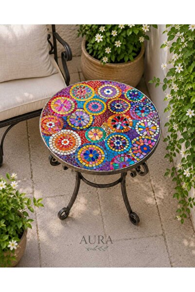 Handmade AURA El Yapımı Mozaik Yan Sehpa – Renkli Çiçek Desenli Dekoratif Bah...