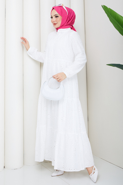 Pamuk Butik Kadın Dantel Detaylı Uzun Astarlı Brode Elbise