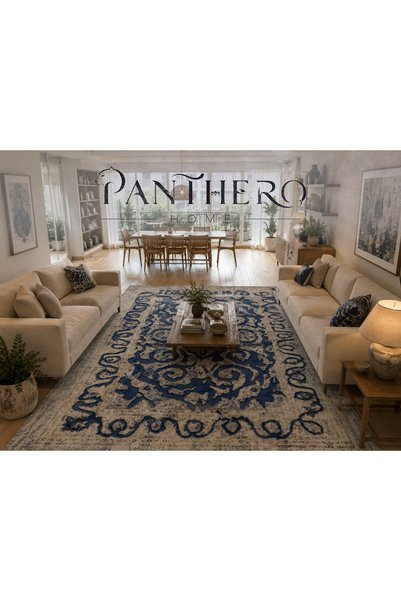 Panthero Home Lacivert Eskitme Otantik Madalyon Desenli Kaymaz Taban Süngerli...