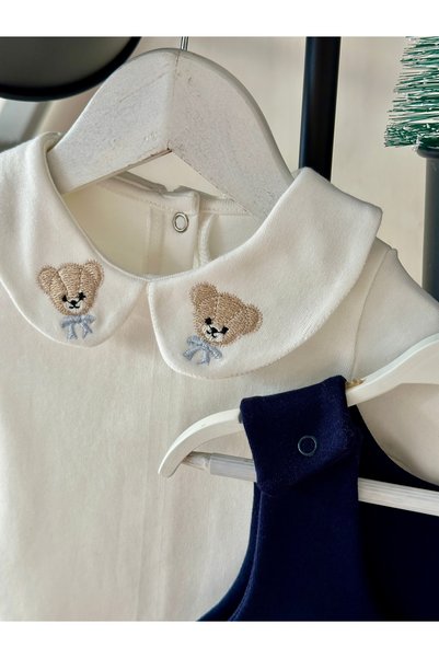 Mama Miel Baby Men's Bear Embroidered Collar Detailed Bodysuit and Navy Blue Combed Cotton Baby Salopet Set 100% Cotton