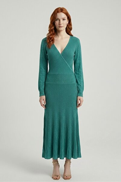 Neden Tekstil Women's V-Neck Knitwear Long Ribbed Dress