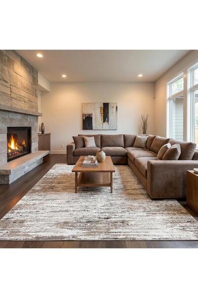 Carpettex Krem Kahve Salon Halısı Modern Dokulu Dijital Baskılı Kaymaz Tabanlı Halı Dijital Baskı Halı 7 mm