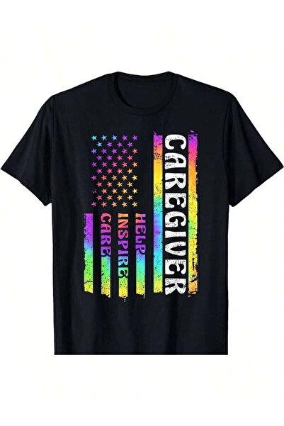 4CR Caregiver Appreciation T-Shirt American Flag Graphic Tee With CAREGIVER T...