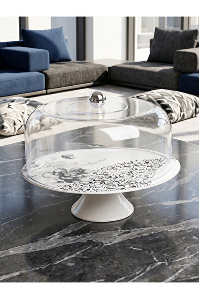 KOZE Ceramic Cake Stand Elevated with Clear Acrylic Cover with Arabic Calligr...