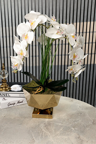 Yaren Style Aura White Artificial Orchid Metal Vase Decorative Home Office Li...