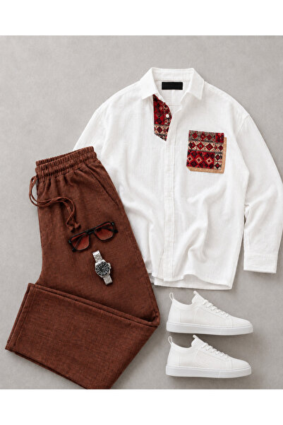 tiggir moda Oversize Embroidered Linen Shirt and Pants 2-Piece Set