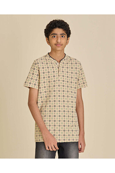 REDTAG Senior Boys Beige Printed Mandarin Collar T-Shirt