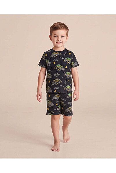 REDTAG Boys Black Truck Print T-Shirt And Pyjama Set