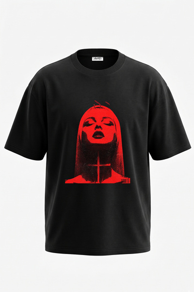 Anetos Gothic Inverted Cross Design Printed Oversize Black T-Shirt