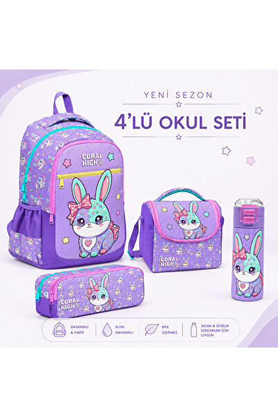 Coral High Milka Su Yeşili Tavşan Desenli 4'lü Okul Çanta Seti Mataralı