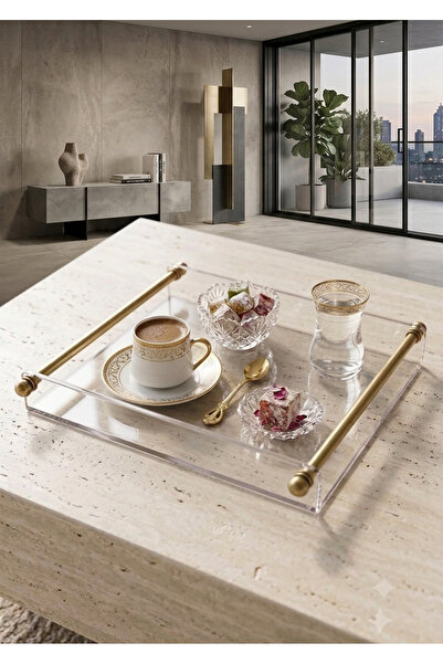 BERMİRA Home Collection Kristal Mika Sunum Tepsisi - Pirinç Kaplama Metal Kul...