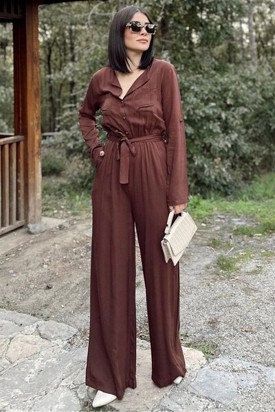 Moda4x4 Women's Clothing Brown Long Sleeve, Round Neck, Elastic Waist and Bel...
