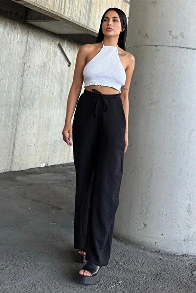 Moda4x4 Women's Clothing Black Elastic Seersucker Fabric Trousers