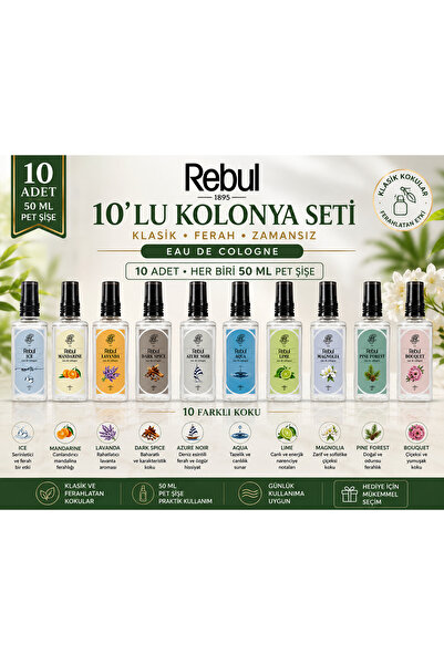 Rebul 10'lu 50 ml Sprey Kolonya Seti Pet Şişe 10 Farklı Koku Ferahlatıcı Avan...