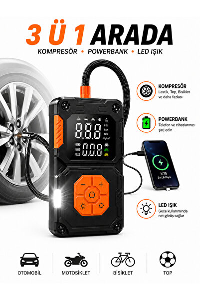 DURUBO Dijital Göstergeli Led Işıklı Taşınabilir 5000mAh Araç Lastik Şişirme ...