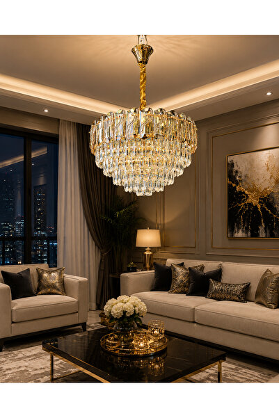 Led YENİ MODEL 50 CM KRİSTAL LÜX SALON AVİZE GOLD RENK İTHAL KASA