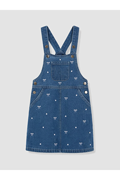 LC Waikiki Indigo Bow Patterned Girls' Jean Salopet Dress