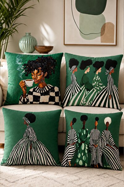 EVPANYA Green Girls Patterned 4-Piece Throw Pillow Cover Set